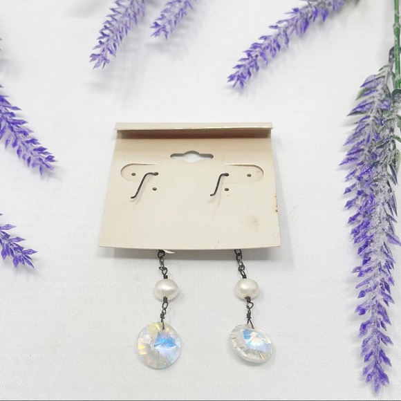 Vintage 925 Aurora Borealis & Genuine Pearl Dangle Earrings - Picture 3 of 4